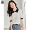 Women's Doll Collar Color Block Knit Short Sleeve T-Shirt