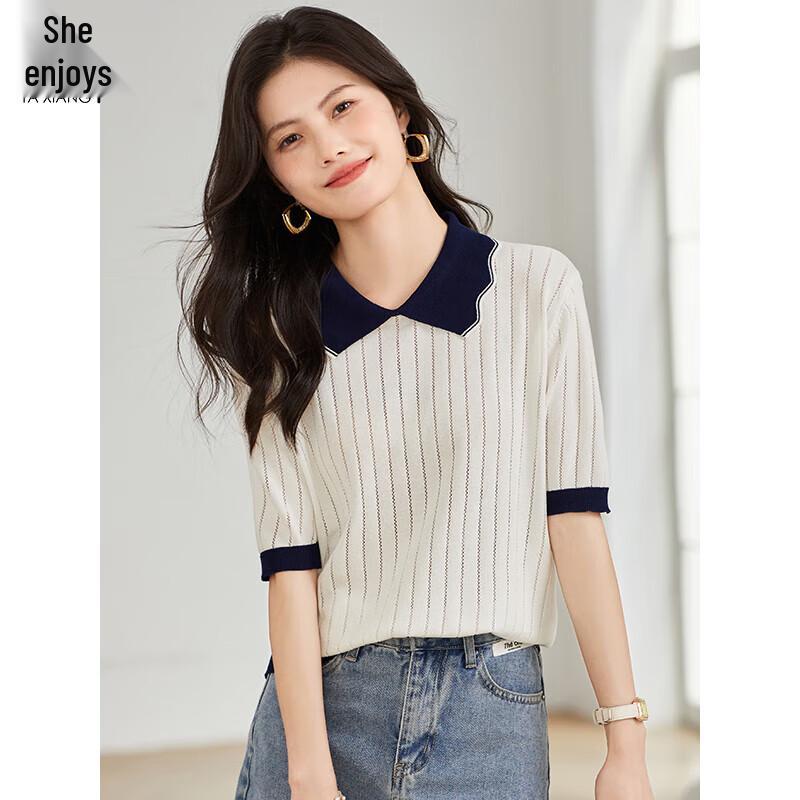 Women's Doll Collar Color Block Knit Short Sleeve T-Shirt