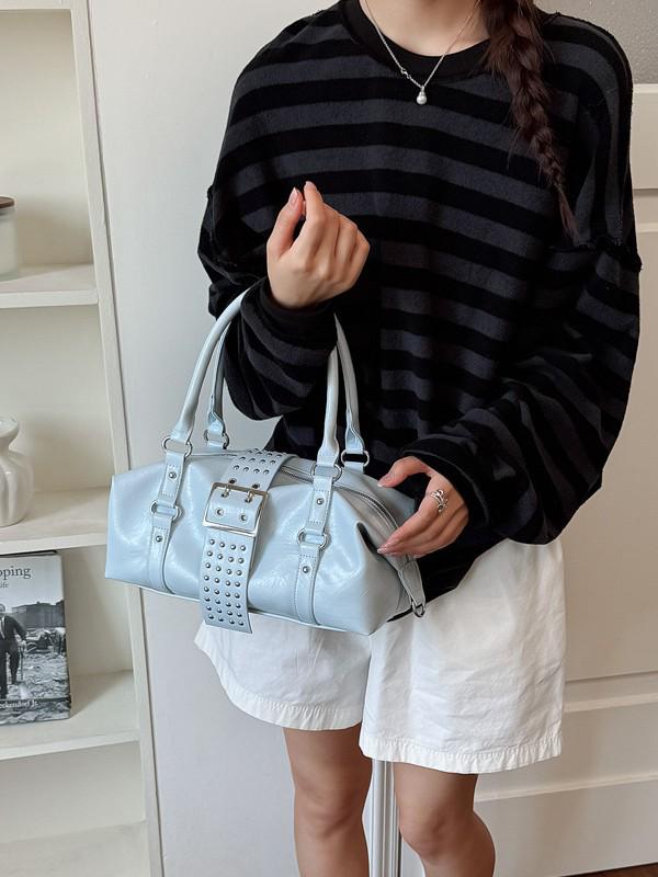 2026 Spring/Summer White Studded Women's Motorcycle Style Handbag - Versatile Crossbody & Handheld Bag