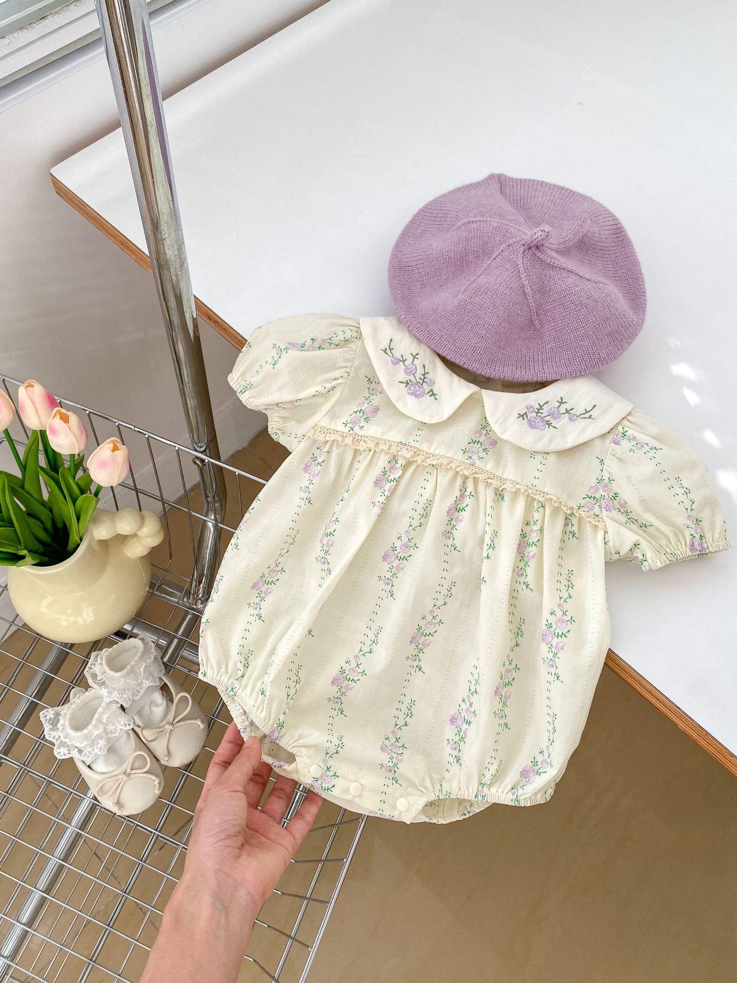 Baby Girl Summer Purple Floral Short Sleeve Romper with Ruffle Collar and Embroidery 66