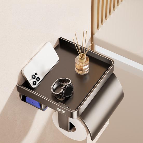 Wall Mounted Toilet Paper Holder Toilet Roll Holder with Garbage Bag Compartment Open Shelf Splash-Proof Multifunctional Toilet Paper Dispenser for