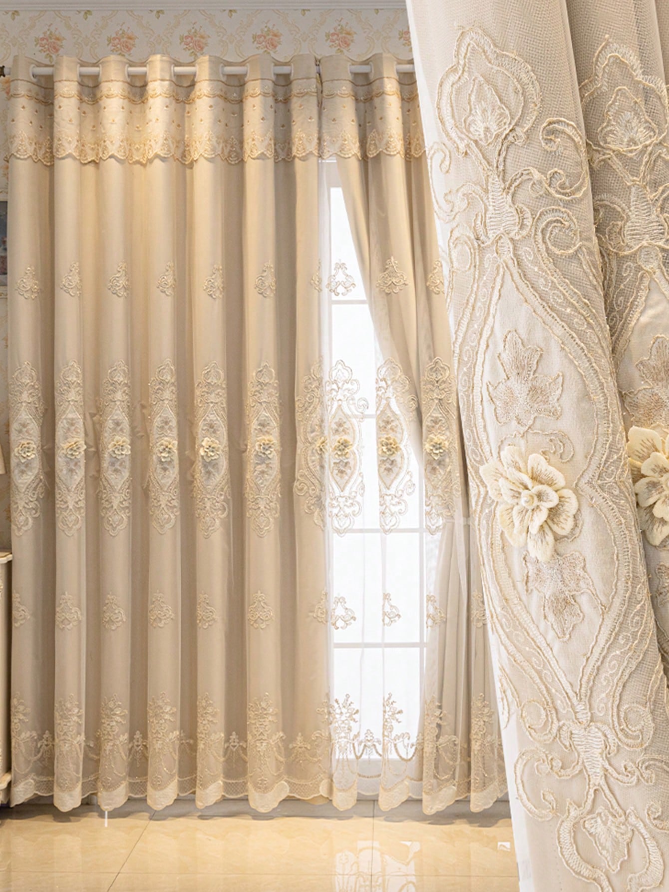 1 stuks Europese Gordijnen voor Woonkamer Slaapkamer Eenvoudig Modern Geborduurd Dubbellaags Gordijnen Verduisterend Gaas Geïntegreerd 1pc W100xL200 cm&Grommet Top beige