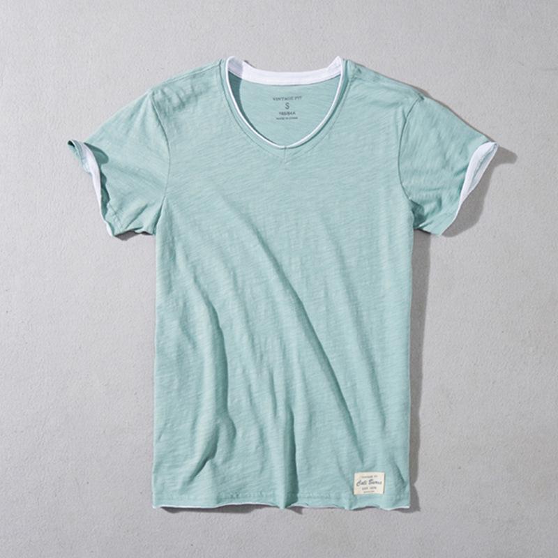 

2025 Men s Solid White Slim-Fit V-Neck Cotton T-Shirt S светло-зеленый
