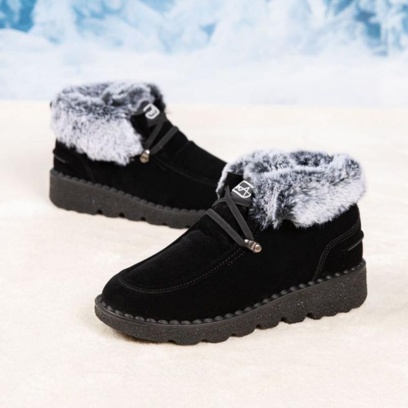 Cizme de zăpadă cu platformă caldă de iarnă pentru femei Botine anti-alunecare din piele întoarsă artificială cu căptușeală din blană artificială Cizme scurte de mers confortabile, cu șireturi, pantofi