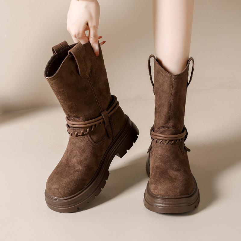 

2025 осень и зима простые сапоги-рыцари с бахромой в стиле пустоши модные сапоги до колена на толстом каблуке женские тонкие сапоги средней высоты 40