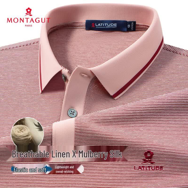 MONTAGUT Men s Striped Linen Silk Blend Polo Shirt XL
