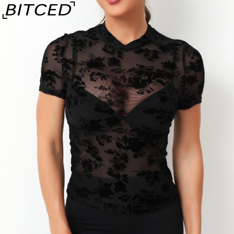 BITCED Women's O-Neck Sexy Stretch Mesh Sheer T-Shirt Top