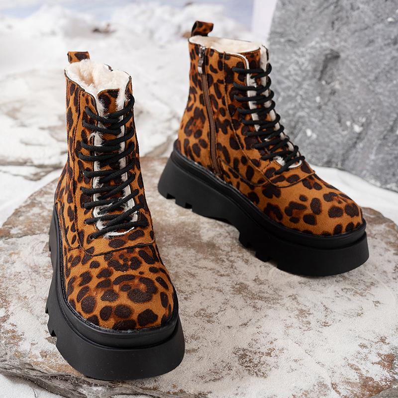 Lucyever Punk Leopard Print Combat Boots Women Fashion Chunky Thick Plush Ankle Boots Woman  Lace Up Platform Booties Mujer
