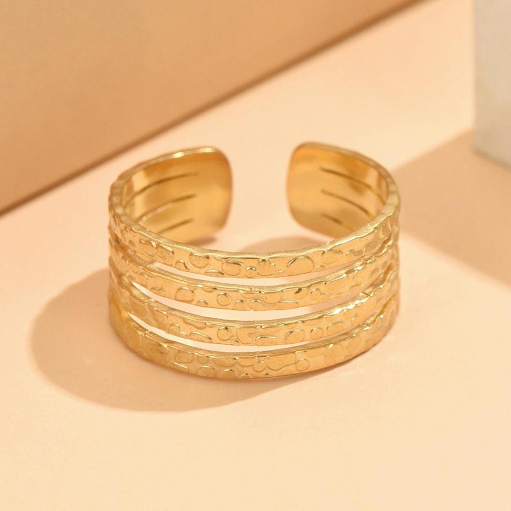 European Striped Stainless Steel Adjustable Open Ring - Simple and Versatile Jewelry Piece