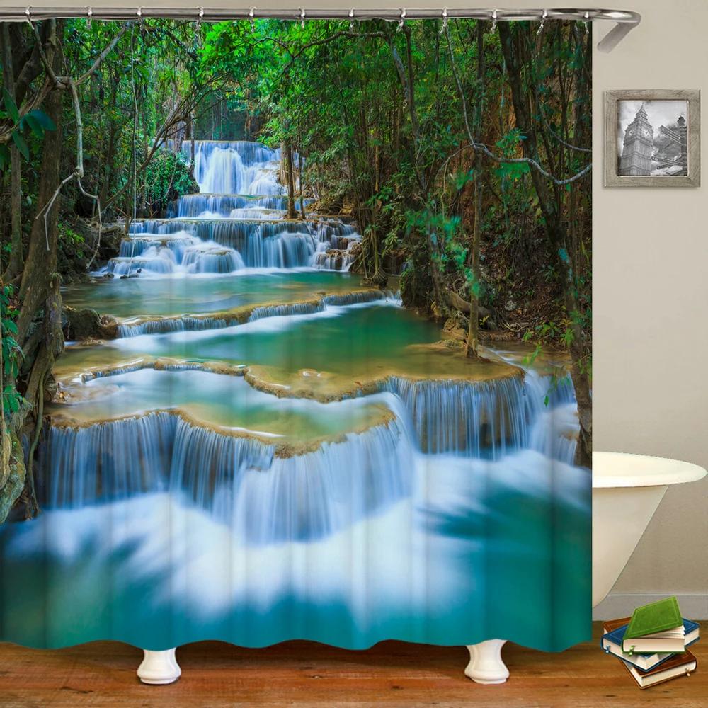 3d Printing Green Forest Waterfall Shower Curtains Waterproof Bathroom Curtain With Hooks Bath Curtain 180*200 Polyester Fabric