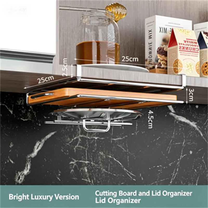 Kitchen Under Cabinet Hanging Organizer Rack with Hooks Multi-Purpose Holder for Paper Towel Cutting Board & Pot Lids