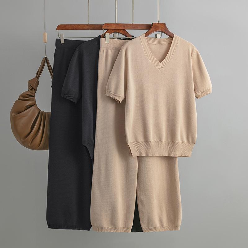 Fashion suit women's collar loose split knitted sweater top two-piece set high waist waist drape straight casual trousers