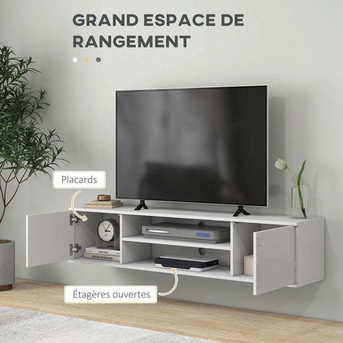 Meuble Tv Mural - HOMCOM - Suspendu Contemporain 2 Placards 2 Niches 2 Passe-câbles - Bois - 140x30x30cm - Blanc