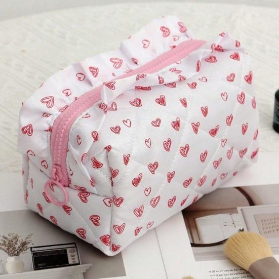Girls Cosmetic Bag with Ruffles Quilted Cute Pink Bowknot Heart Makeup Bag Soft Cosmetic Pouch Makeup Organizer for Toiletries Brushes