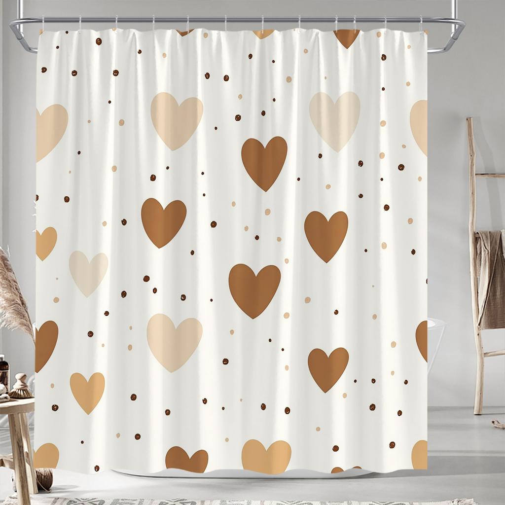 Hearts & Dots Shower Curtain - Minimalist Earth Tones, Golden Heart Accents, 12 Hooks, Polyester, Machine Washable