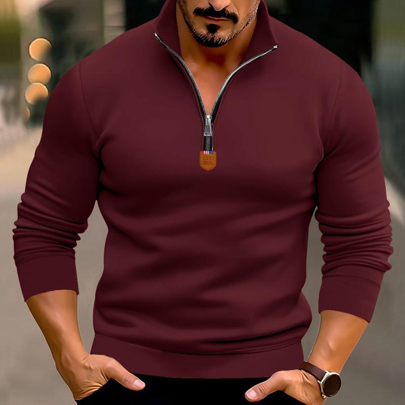Autumn/Winter Men's Casual Fleece-Lined Solid-Colour Long-Sleeved Half-Zip Stand-Collar Sweatshirt Top