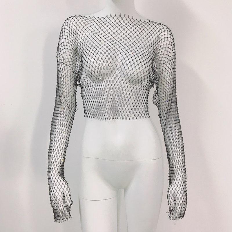 

Sexy Mesh T-shirt With Rhinestone Long-sleeved Blouse, Fishnet Shirt, Fashionable Women s Mesh Blouse L чорний
