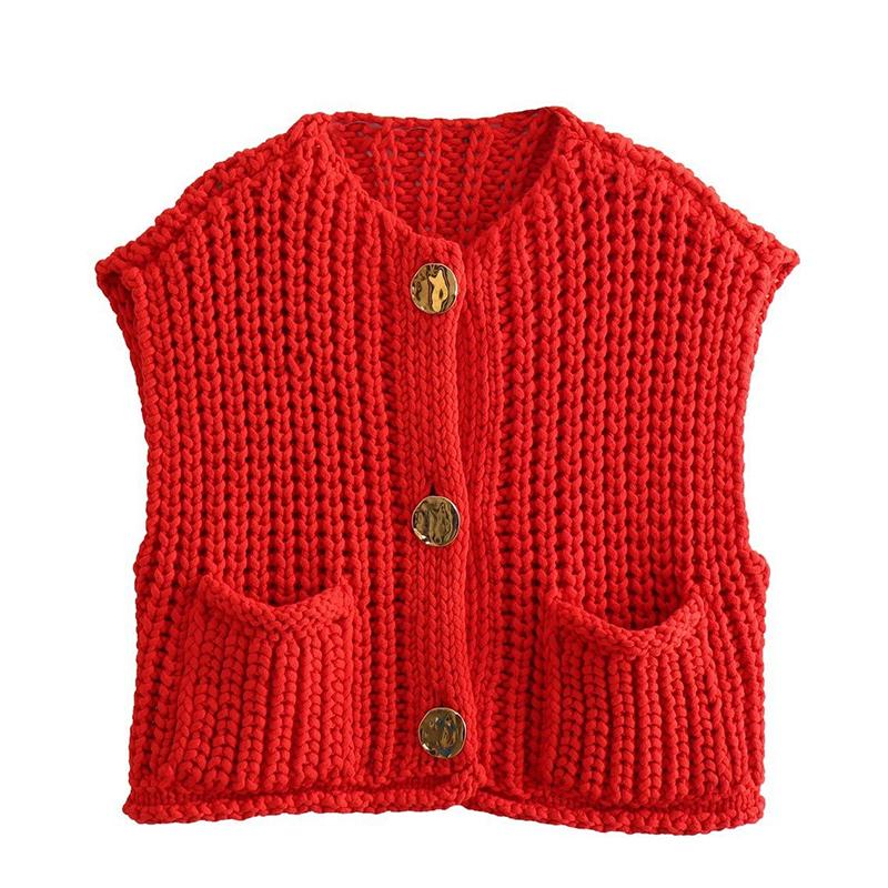 Winter New Women's Clothing Vest Simple Pocket Sleeveless Short Knitted Vest Cardigan Top