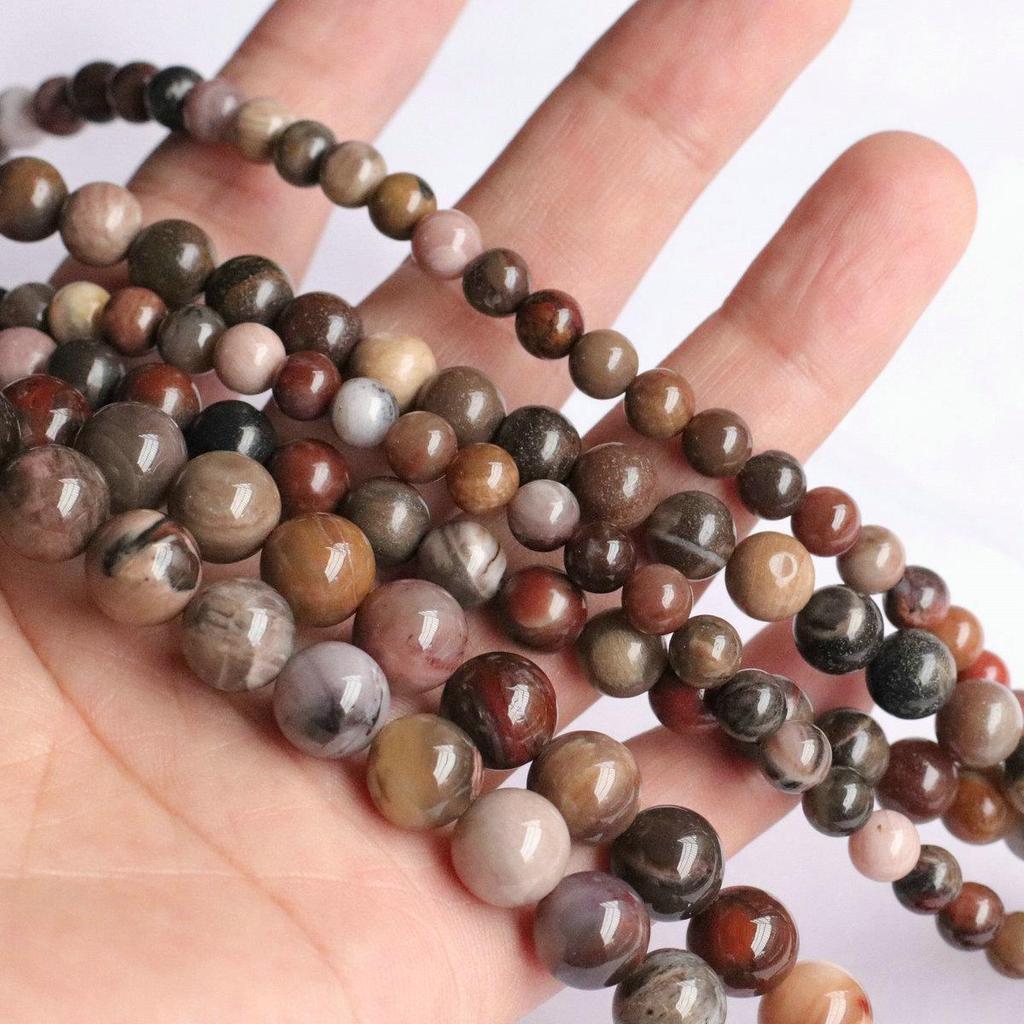 Tri-Color Petrified Wood Jade Beads (Round, 6-12mm) for DIY Jewelry Crafting