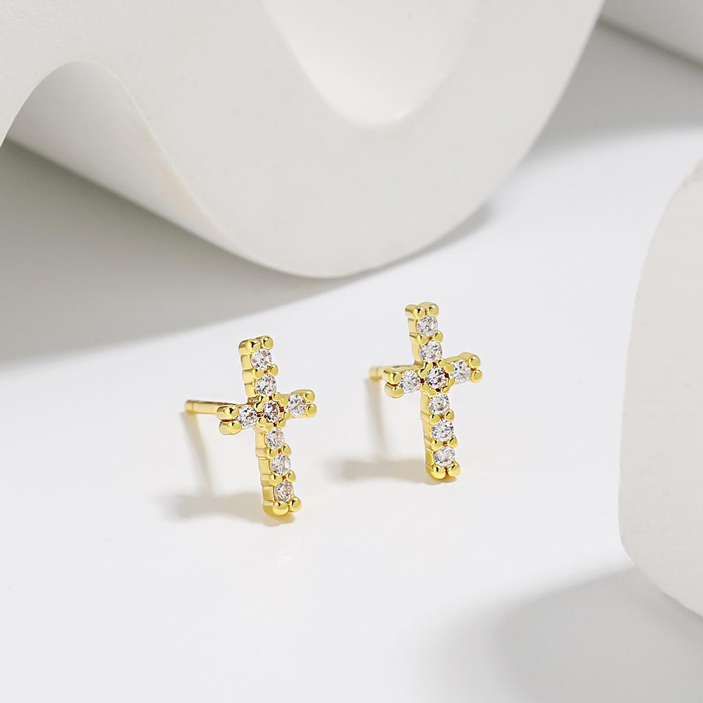 Puncture Anti-allergic Earrings, Japanese and Korean Version of Simple Mini Full Diamond Cross Earrings