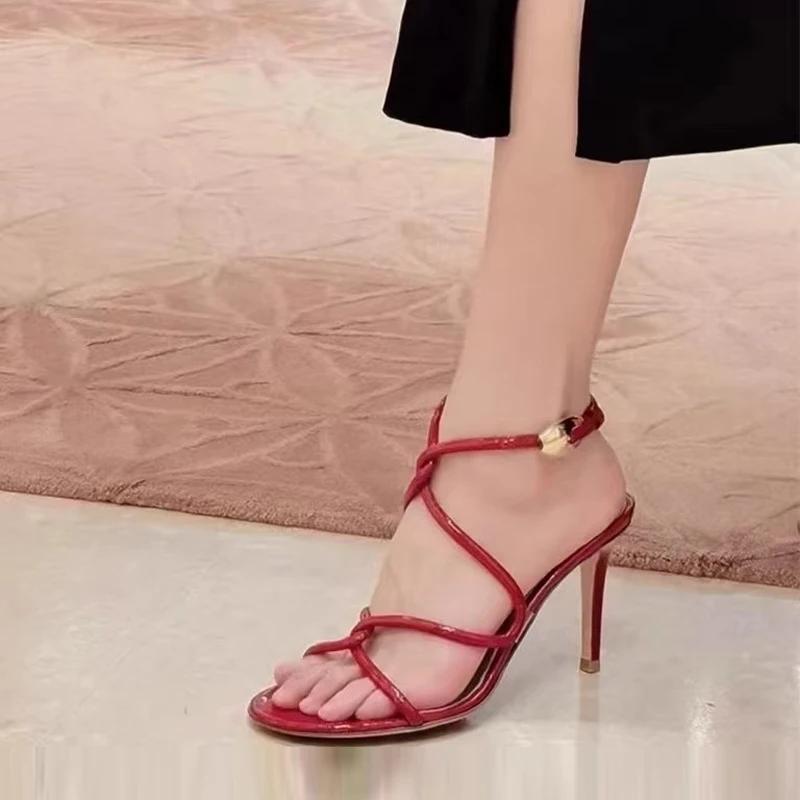 Sexy Open Toe Red High Heels Women Wedding Prom Shoe Summer Cozy Leather Narrow Band Ankle Strap Sandals for Women Zapatos Mujer