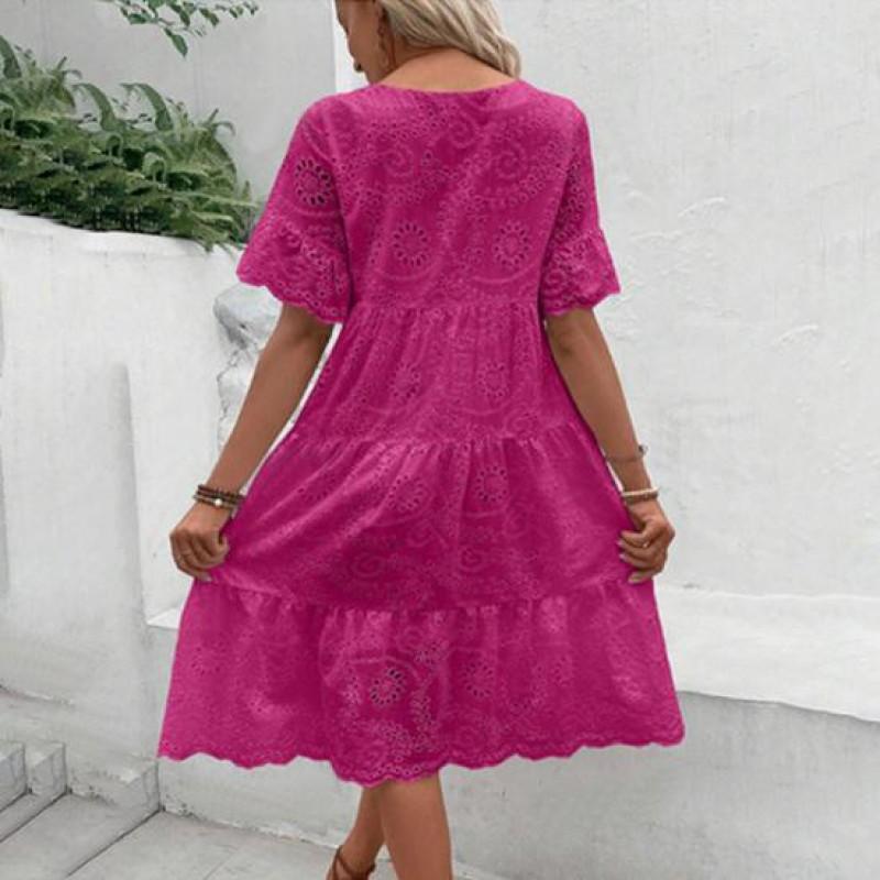 Womens Hollow Out O-Neck Short Sleeve A-Line Pleated Patchwork Solid Swing Midi Dress Beach Vacation Embroidered