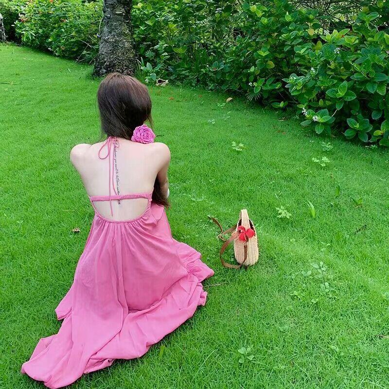 2026 summer new model, holiday style dress, women's own chest pad, super fairy neck halter long skirt