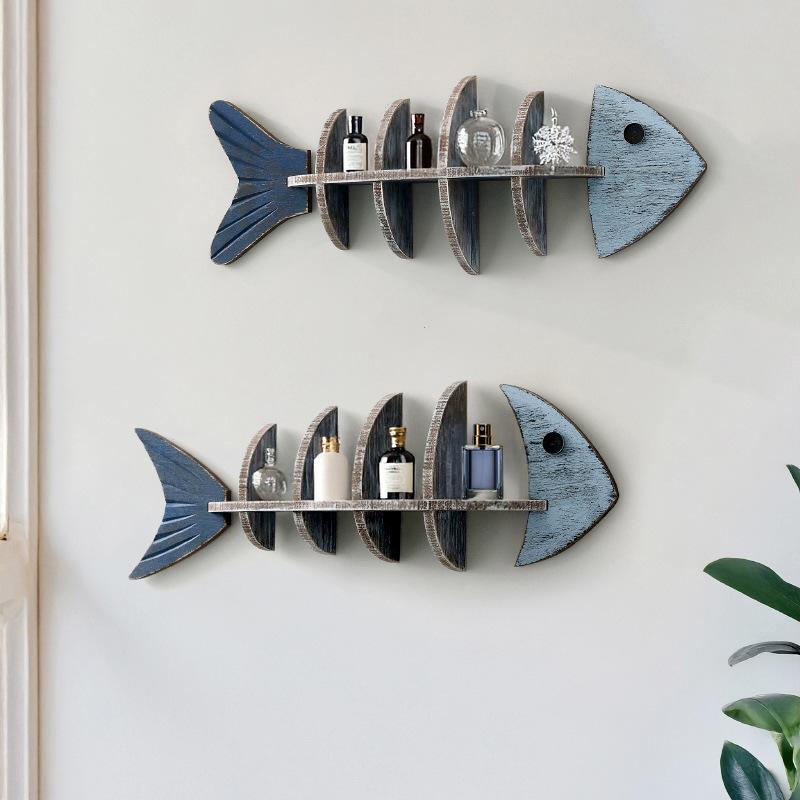 Nordic Style Wall Wooden Fish Row Shelf Cafe Living Room Decorative Pendant Wall Baffle Bookshelf Home Decoration Accessories
