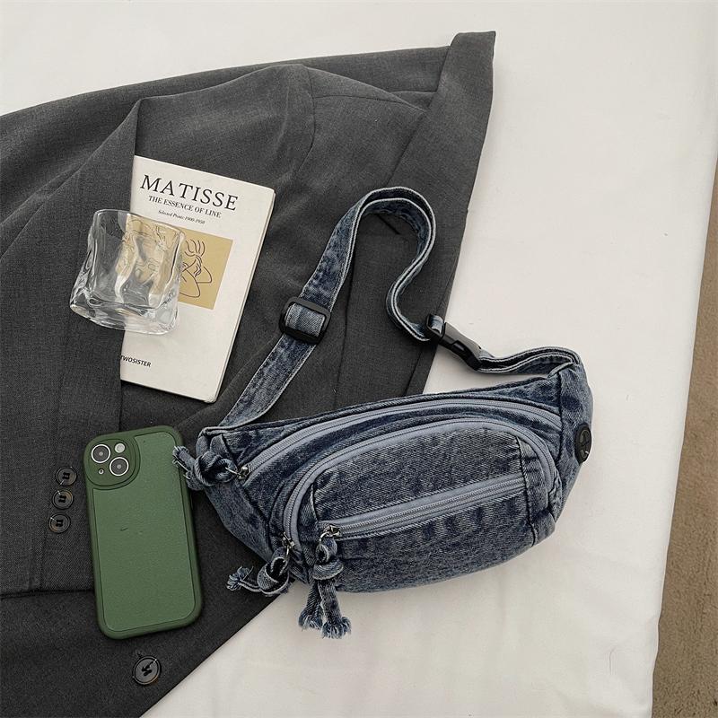 Vintage Denim Chest Bag Women Crossbody Bag Large Capacity Shoulder Bag