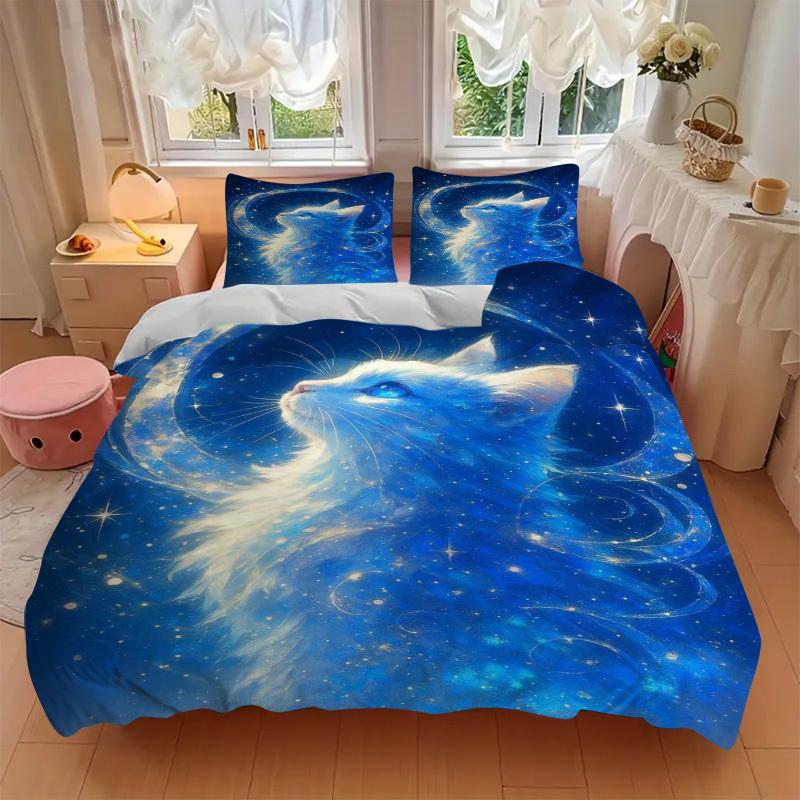 3pcs Anime Cat Moon Stars Bedding Set - Includes One Quilt Cover and Two Pillowcases (No Core) - Home Decor Gift for Bedroom and Guest Room