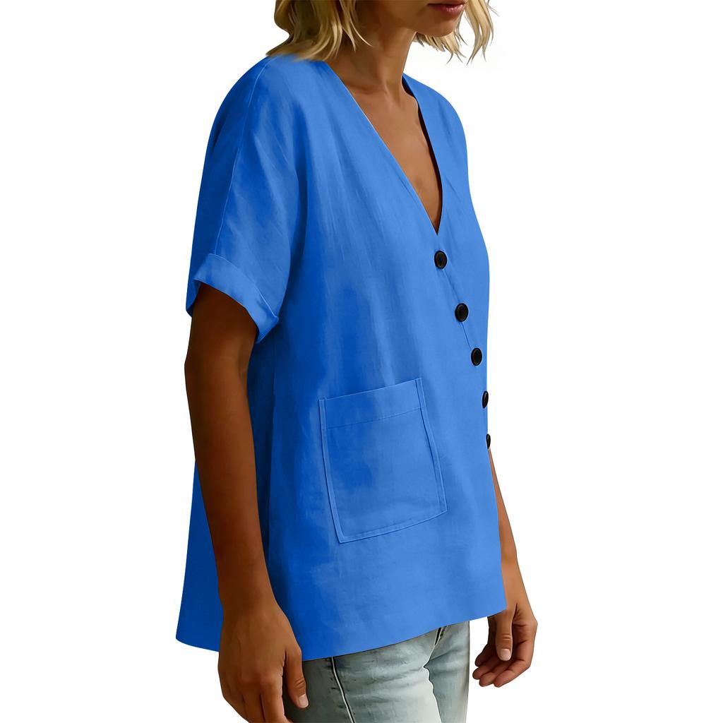 Women's Button-down V-neck Plain-colored Cotton And Linen Blouse