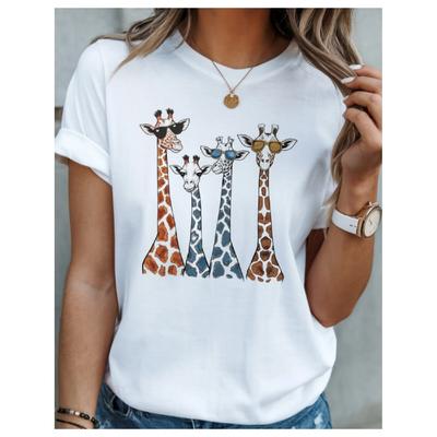 Cartoon Giraffe Pattern Printed T-shirt Summer Women's Top Round-neck Short-sleeved Fashionable and Casual Summer Women's Wear