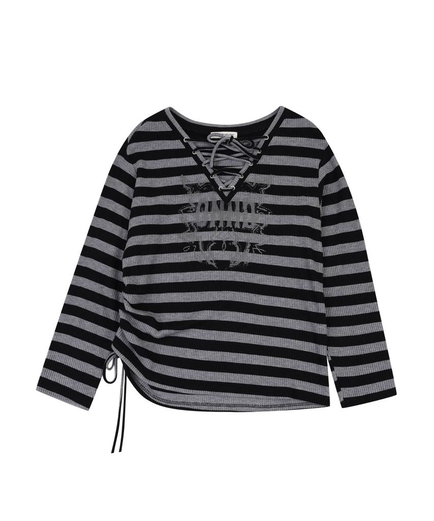 ORDINARY HOLIDAY Lace-Up Stripe Pullover [Black]
