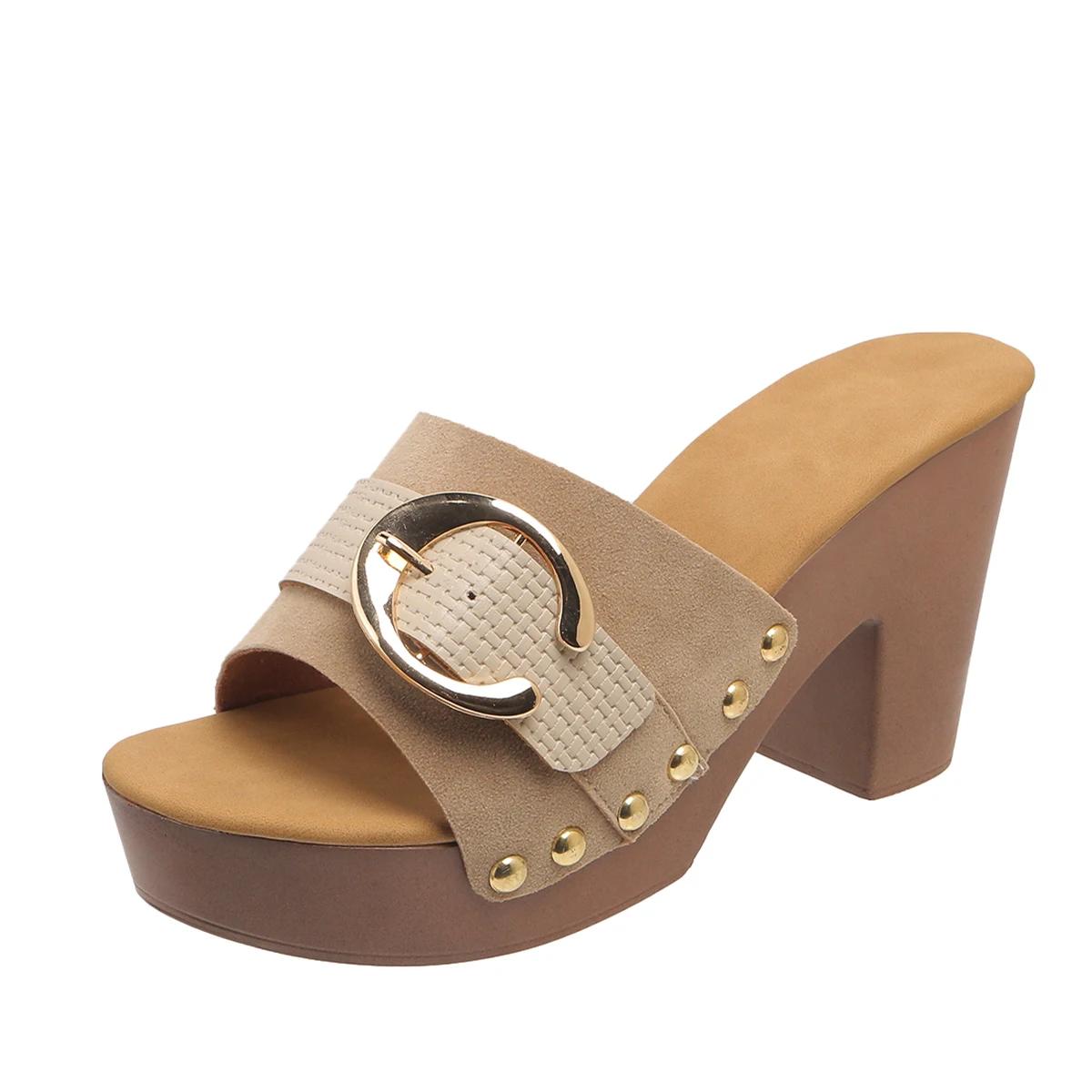 

Модные летние женские босоножки на высоком квадратном каблуке, женские туфли на платформе, повседневные туфли с заклепками, с открытым носком, элегантные женские туфли Zapatos De Mujer 36 бежевый