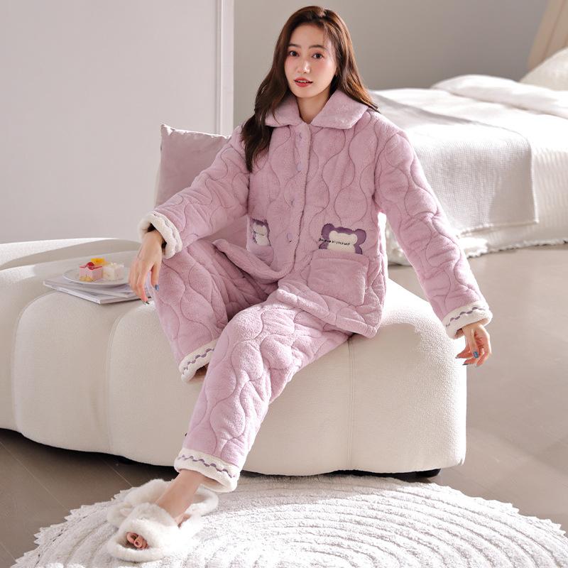 Pajamas Women'S Fleece Thickened Winter Coral Fleece Three-Layer Padded Warm Cardigan Loungewear Set
