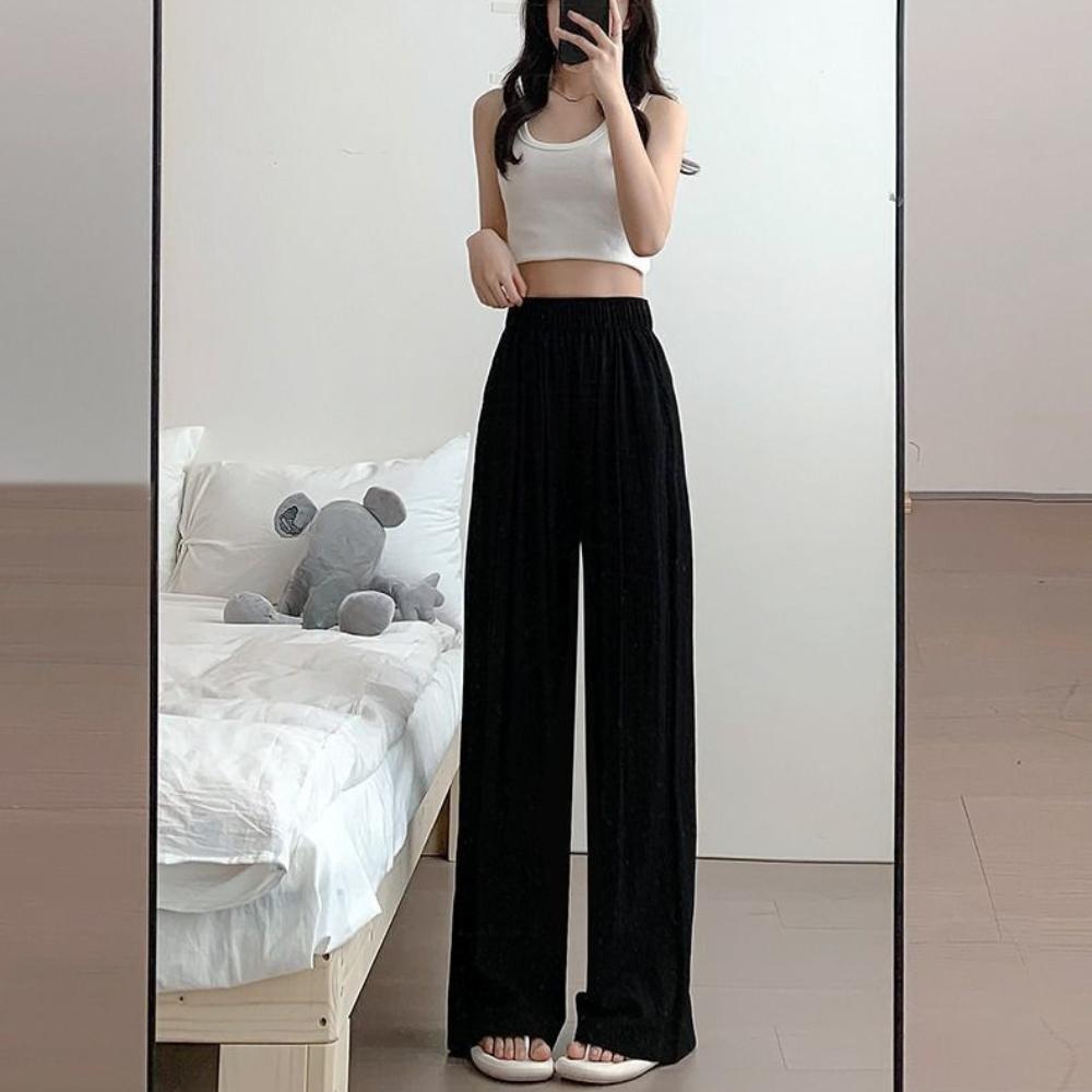 Trousers Female Summer Retro Sense Pleated Wide-legged Trousers Female Thin Drape Wide Loosened Straight Ice Silk Casual Trousers