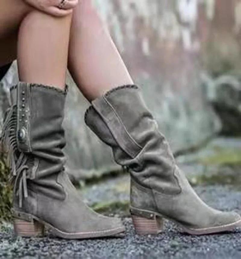 Böhmische Mid-Calf-Stiefel Damen Neu 2026 Winter Ethnische Nieten Quaste Stiefel Frau Kunstwildleder Spitze Dicke Ferse Schuh Stiefelletten Damen