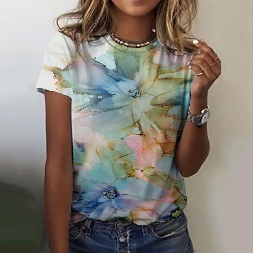 Letní dámské tričko s kulatým výstřihem, 3D květinovým vícebarevným gradientním potiskem, módní, ležérní, s krátkým rukávem