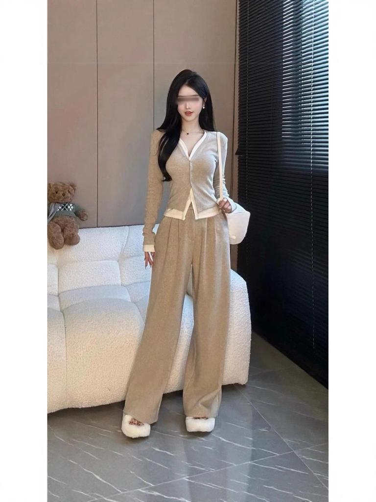 Women's Casual Fashion Set: Two-Piece Faux Layer Top and Wide-Leg Pants for Spring & Autumn