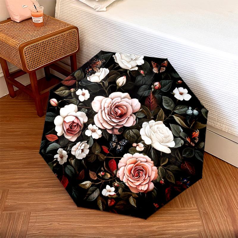 

1 PC Automatic Folding Umbrella - Roses and Butterflies Pattern, Portable & Foldable Design with 8 Ribs, Christmas Birthday Gifts