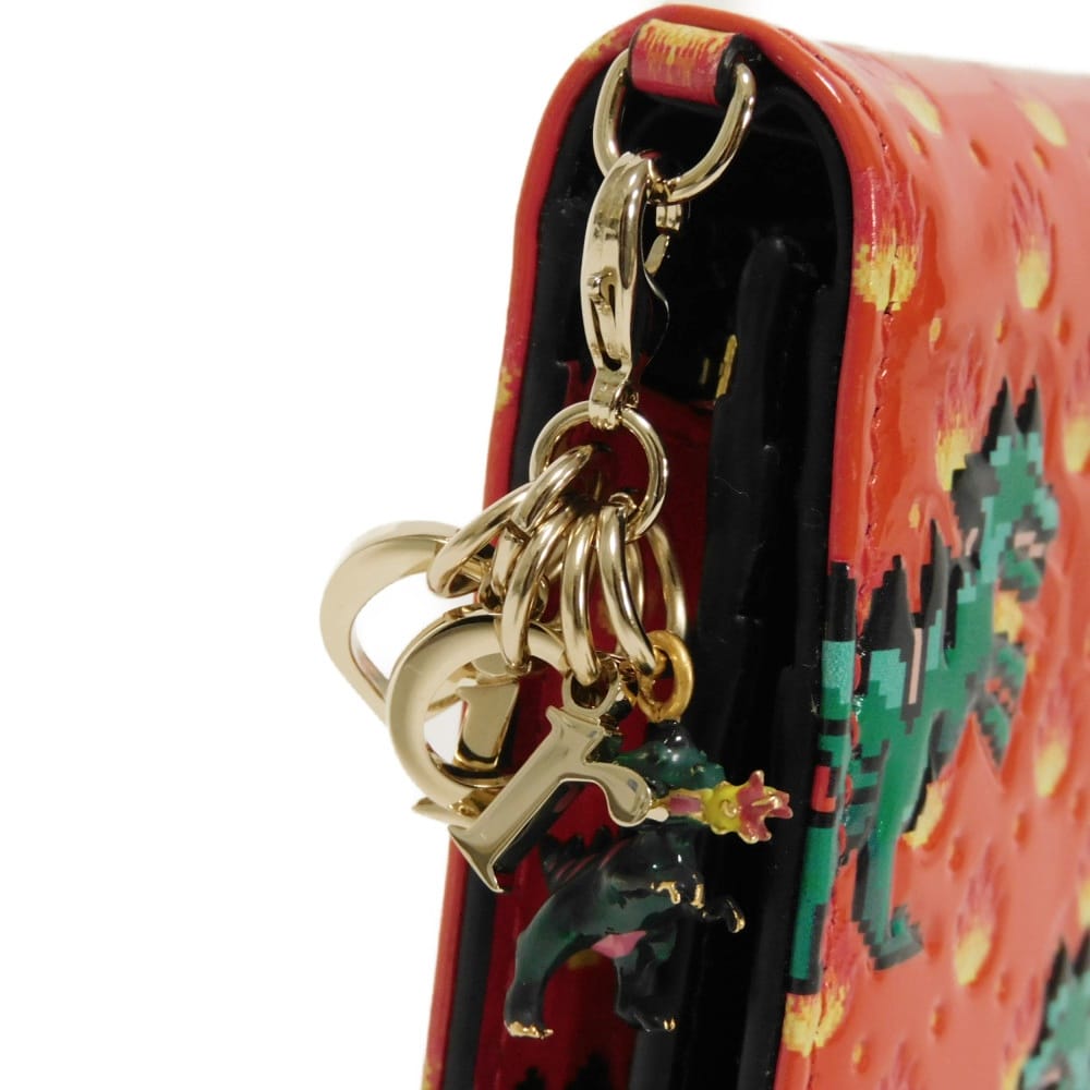Used 10656 Dragon & Fire Compact Wallet 7941 Patent Embossed Multicolor Logo Charm Orange Red Unisex from Japan