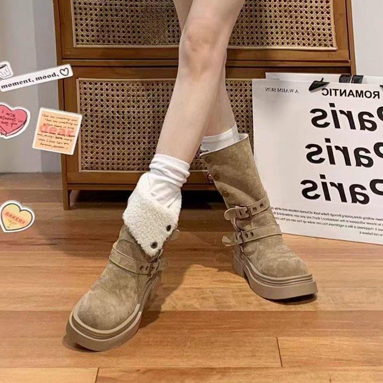 British American thick-soled Martin velvet women's snow boots retro 2025 new winter long tube heightening Martin boots