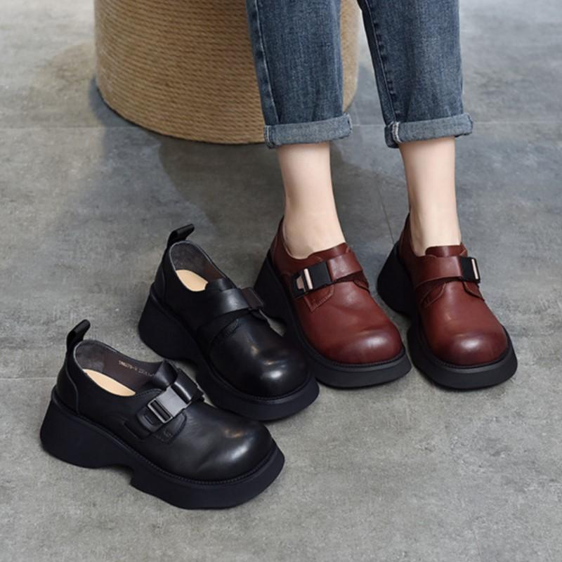 Johnature Dicke Sohlen-Pumps, leicht, echtes Leder, vielseitige Retro-Damen-Plateauschuhe mit runder Zehenpartie