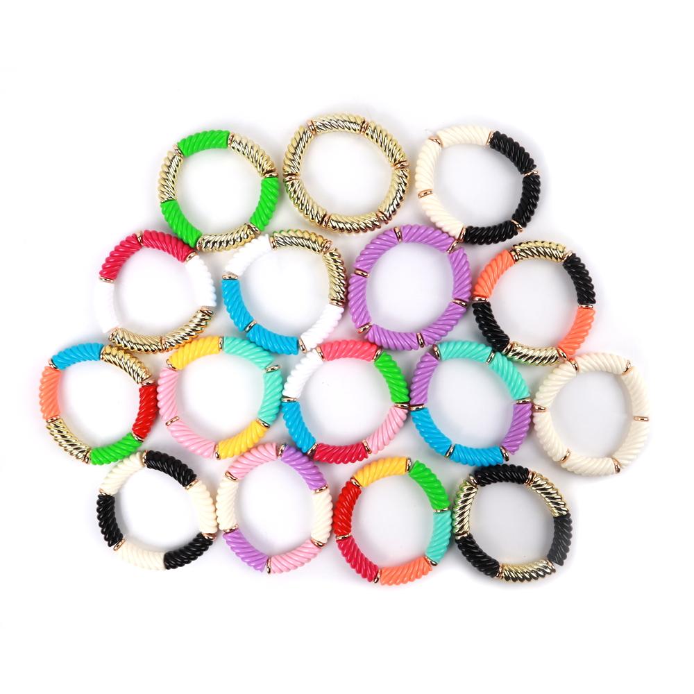 Bohemain Acrylic Twist Bamboo Stack Elastic Bracelets for Women Men 2025 Colorful Resin Tube Beads Bracelet Bangle Jewelry Gift