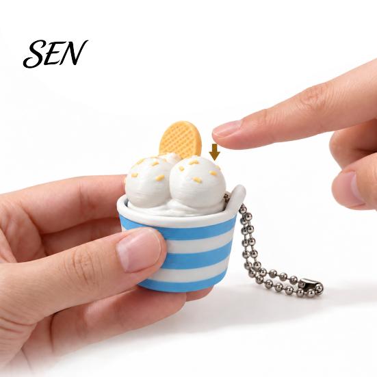 Portable Key Ring Charm 3D Printed Ice Cream Cup Fidget Clicker Keychain, Cute Dessert Stress Toy for Relief Click Toy, Mini Desk Decor Gift