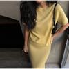 Women's Solid Color Round Neck Short Sleeve Knitted Half Skirt Set Solid Color Temperament Slimming Long Half Skirt Set Summer New Women's Clothing