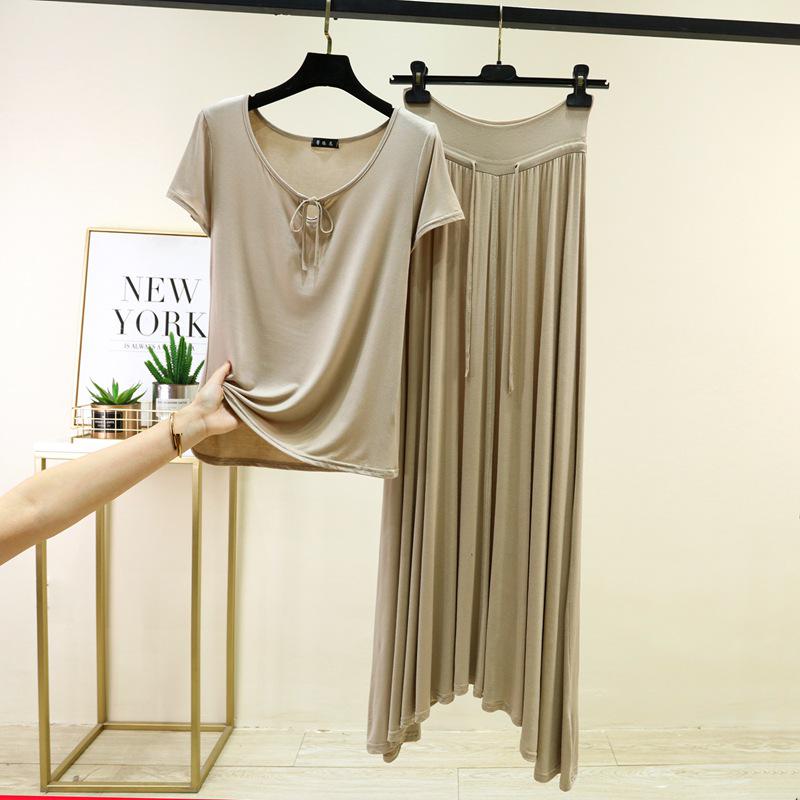 Spring & Summer Modal Tie-Up Round Neck Tee & Drawstring High Waist Long Skirt Set