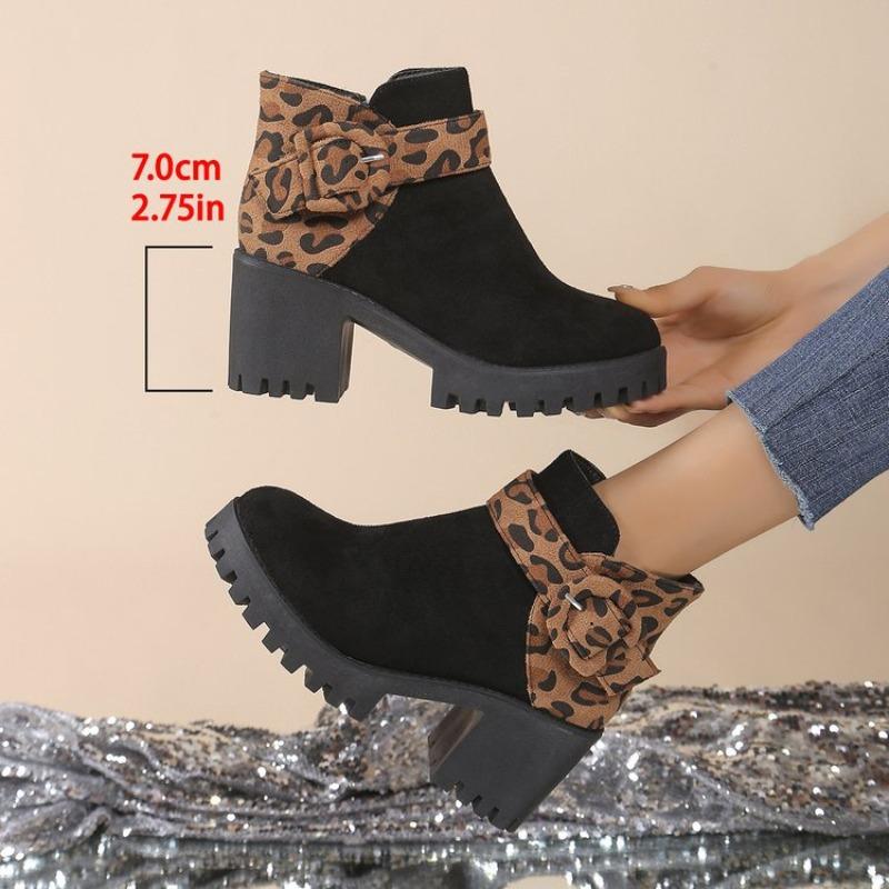 2026 Autumn/Winter New Large Thick High Heels Leopard Pattern Women's European and American Style Versatile Short Boots