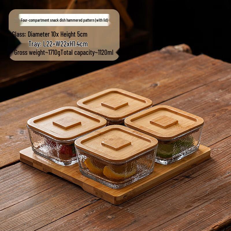 Hammered Glass Serving Bowl Set with Bamboo Tray 1 Set