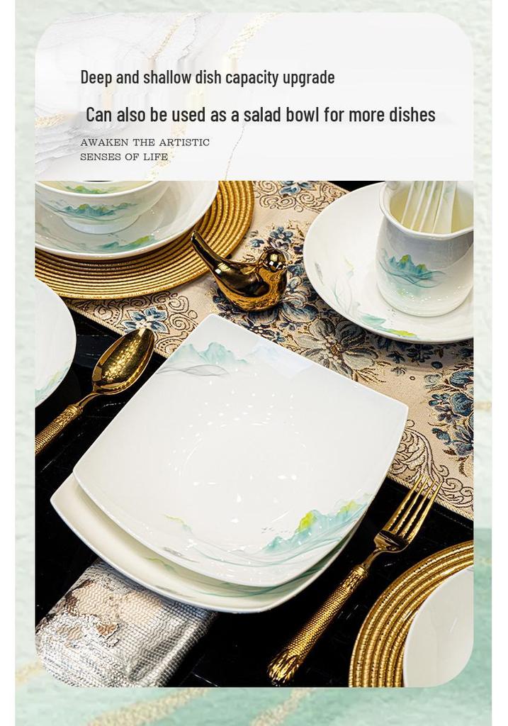 Tangshan Bone China Bowl Set: Rice, Soup, Noodle Bowls & Plates with Chopsticks - Perfect Housewarming Gift